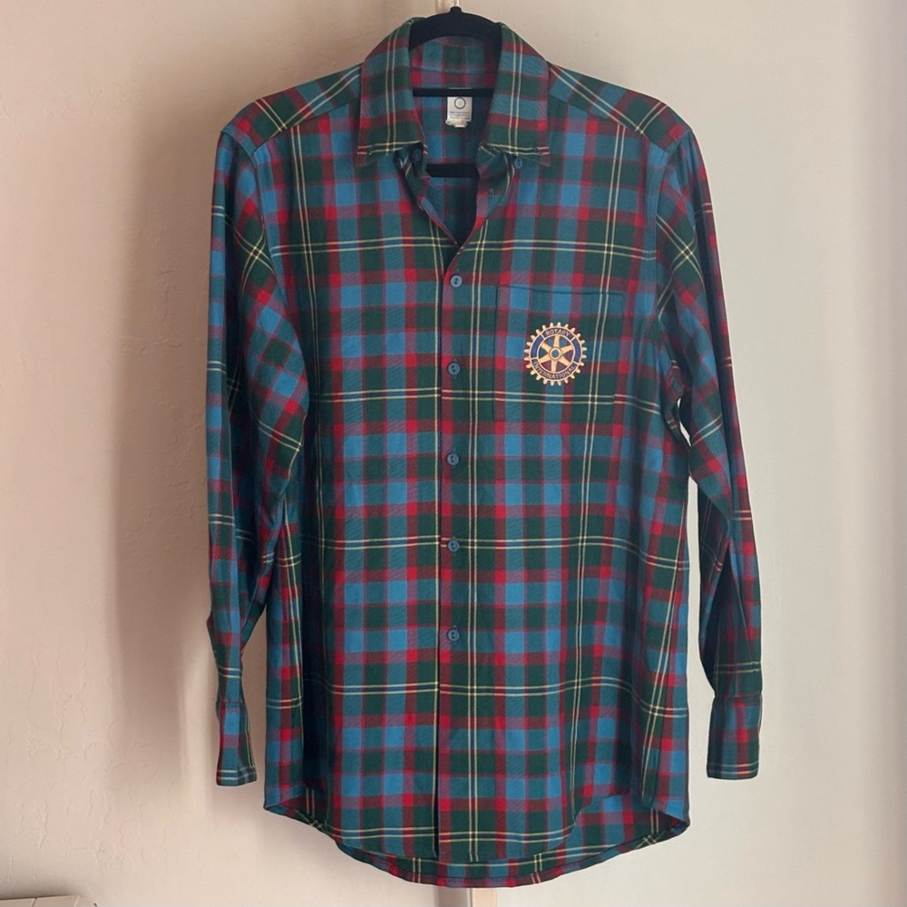 Vintage Rotary International Tartan Plaid Red Blue Green Button Down, Sz Medium